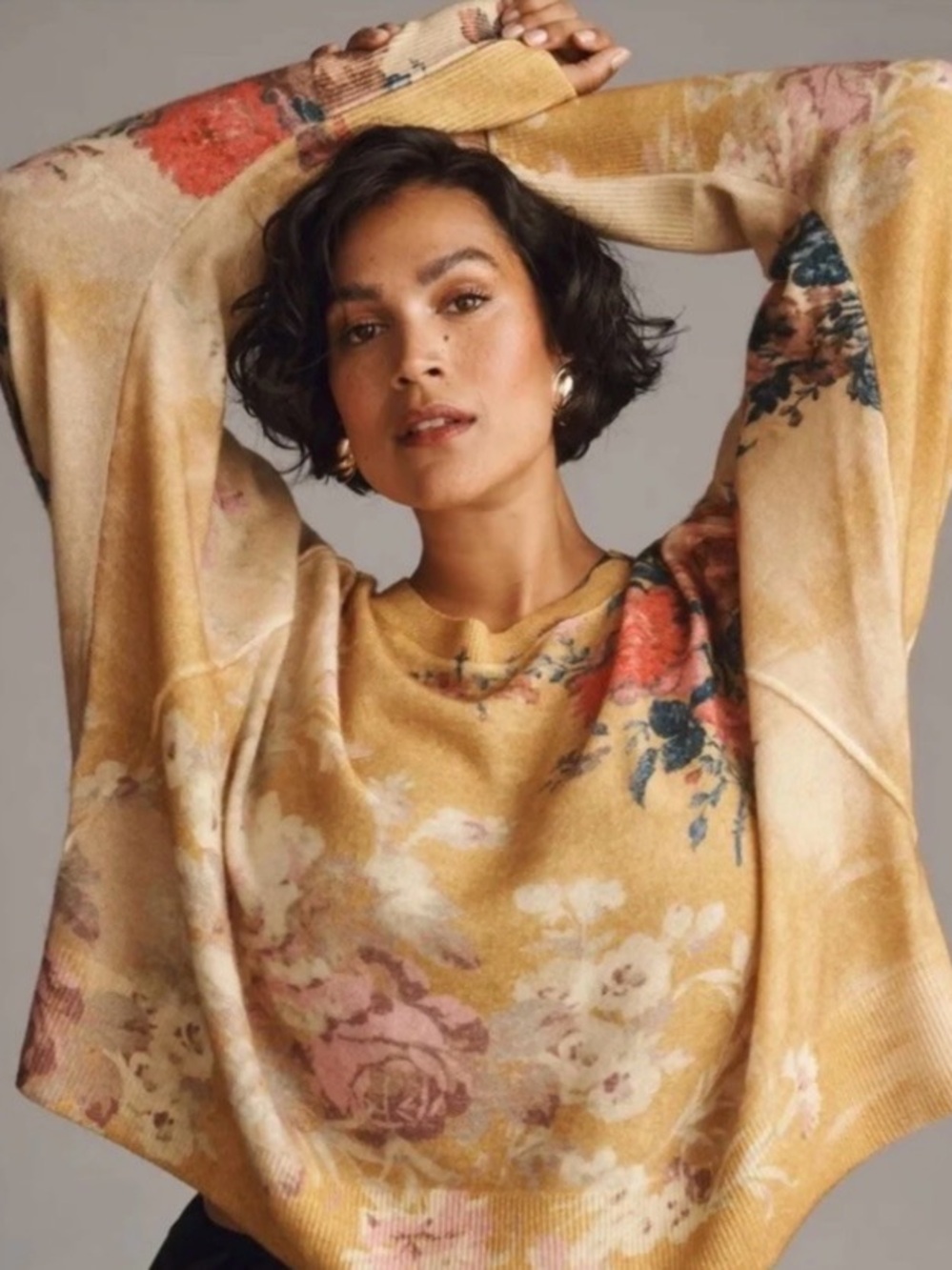 Pilcro Diletta Slouchy Cashmere Floral Crewneck Sweater